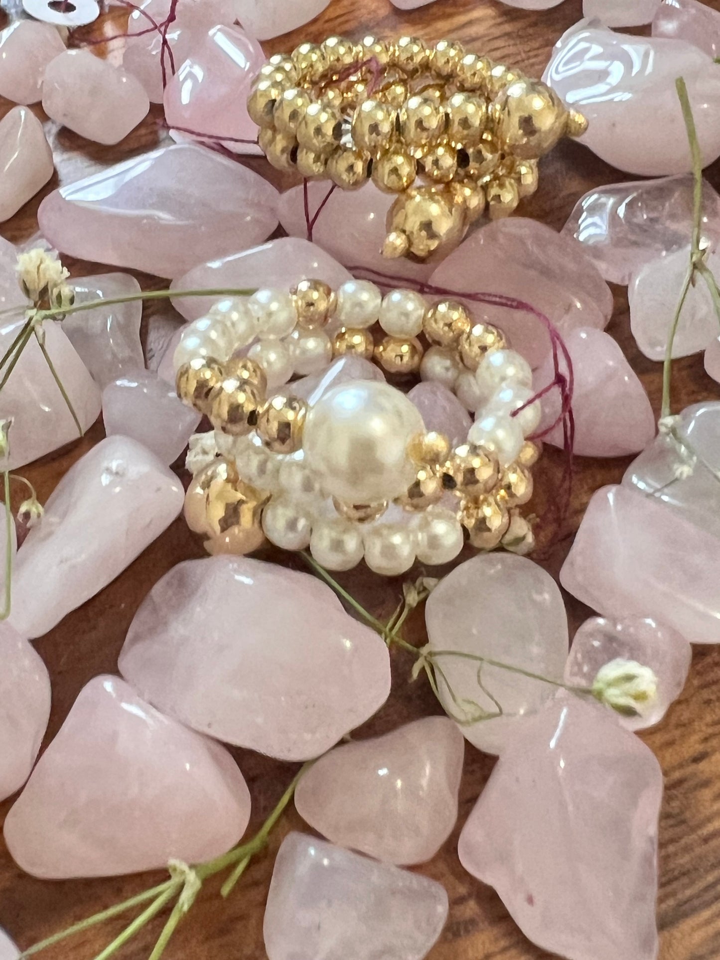 Double Row Ring of Beads and Pearls Two Tone