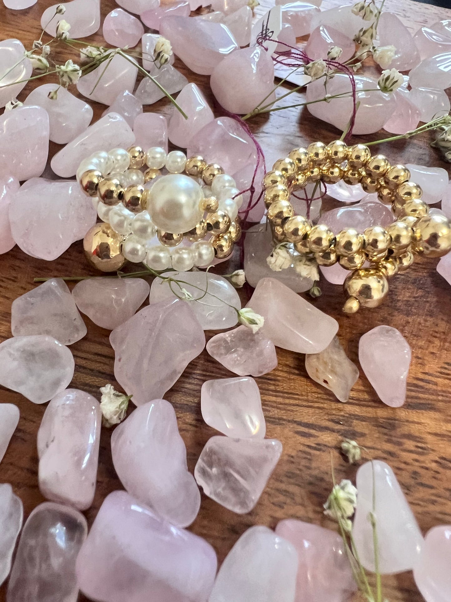 Double Row Ring of Beads and Pearls Two Tone