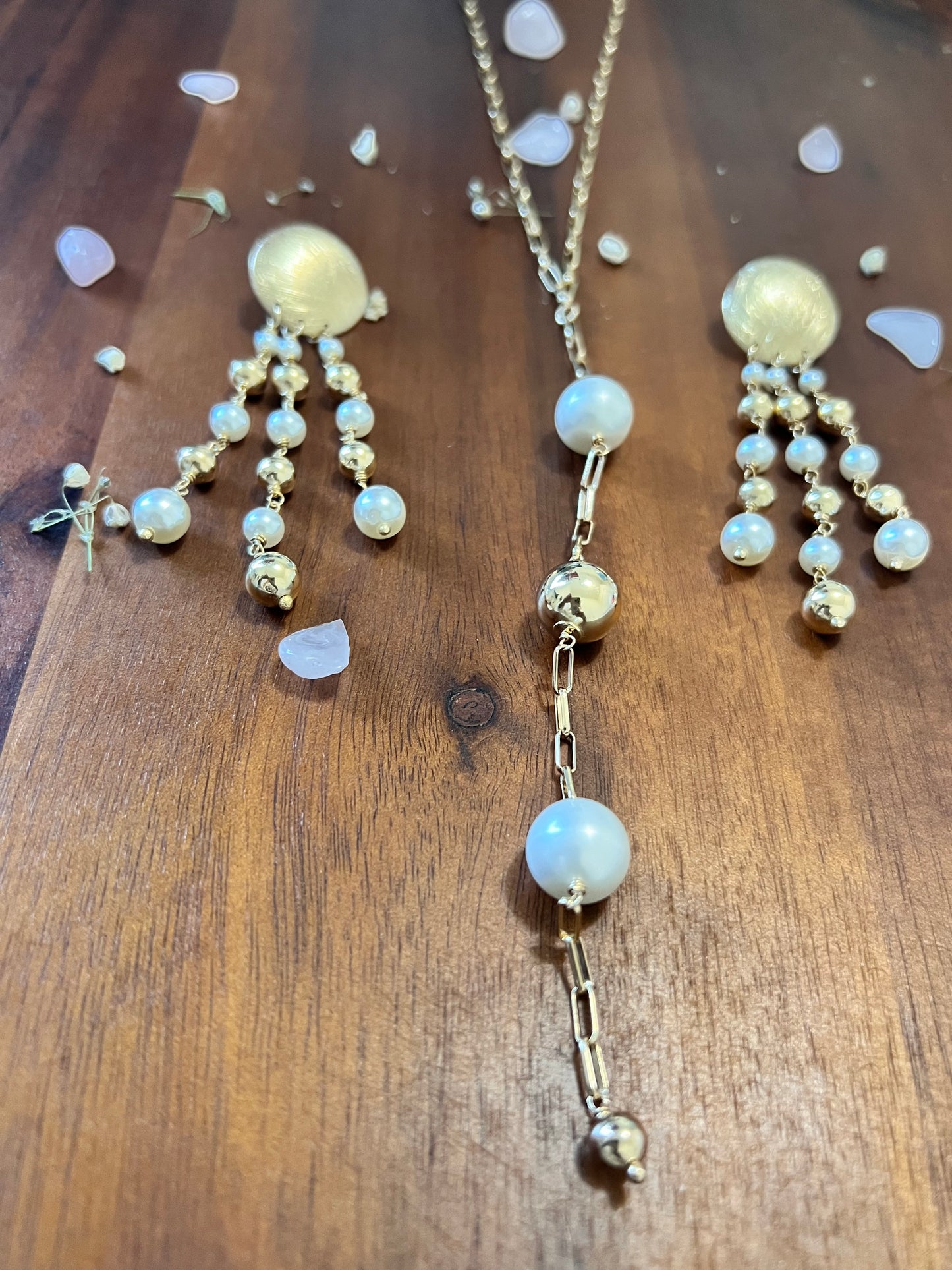 Gold Beads and Pearls Dangling Earrings