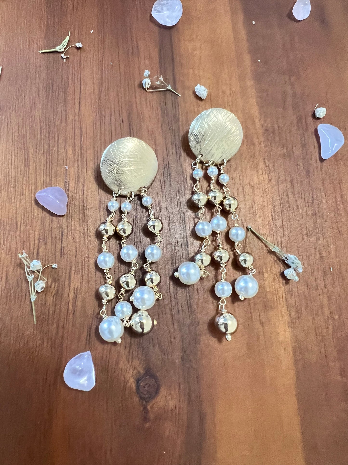 Gold Beads and Pearls Dangling Earrings