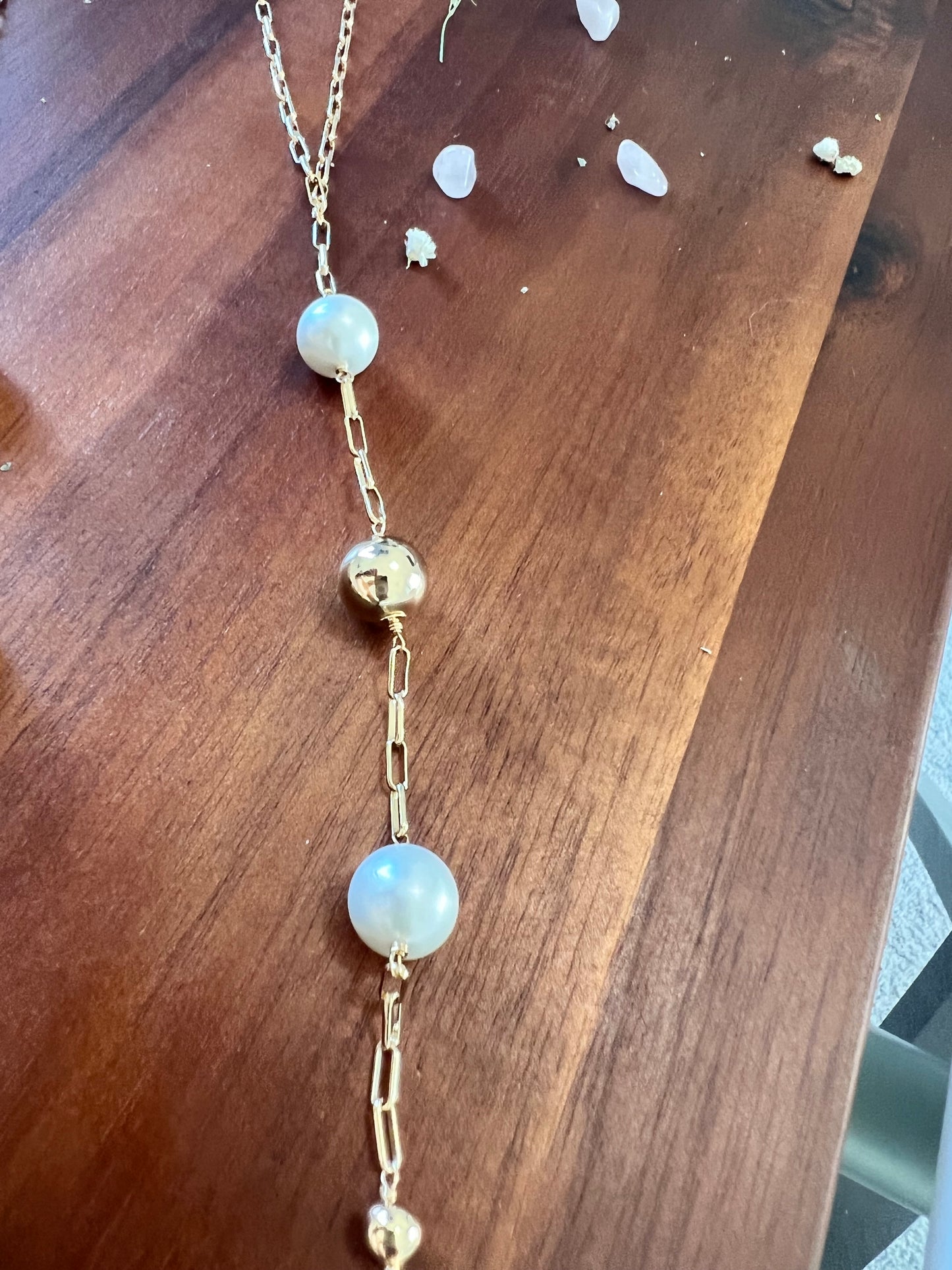 Long Safety Pins, Pearls  and gold plated Beads Necklace